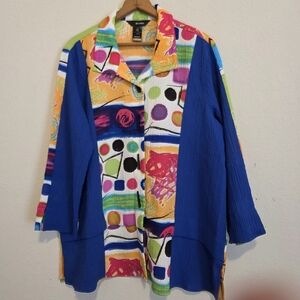 Ali Miles Tunic Top Button Front Tiered Hem Blue Multi Artsy Abstract Size Large
